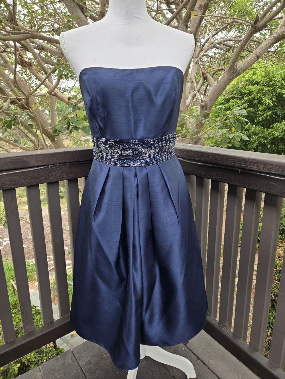 JS Richards Boutique Navy Satin Strapless Dress with Beaded Waistband  Size 8